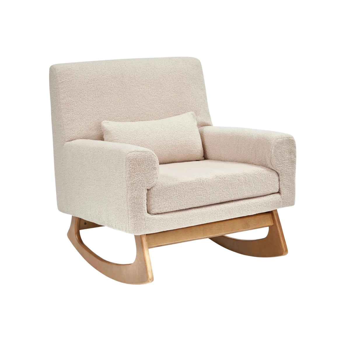 Gaia Baby Serena rocking chair in biscuit boucle fabric with lumbar support, designed for nursing and relaxing.