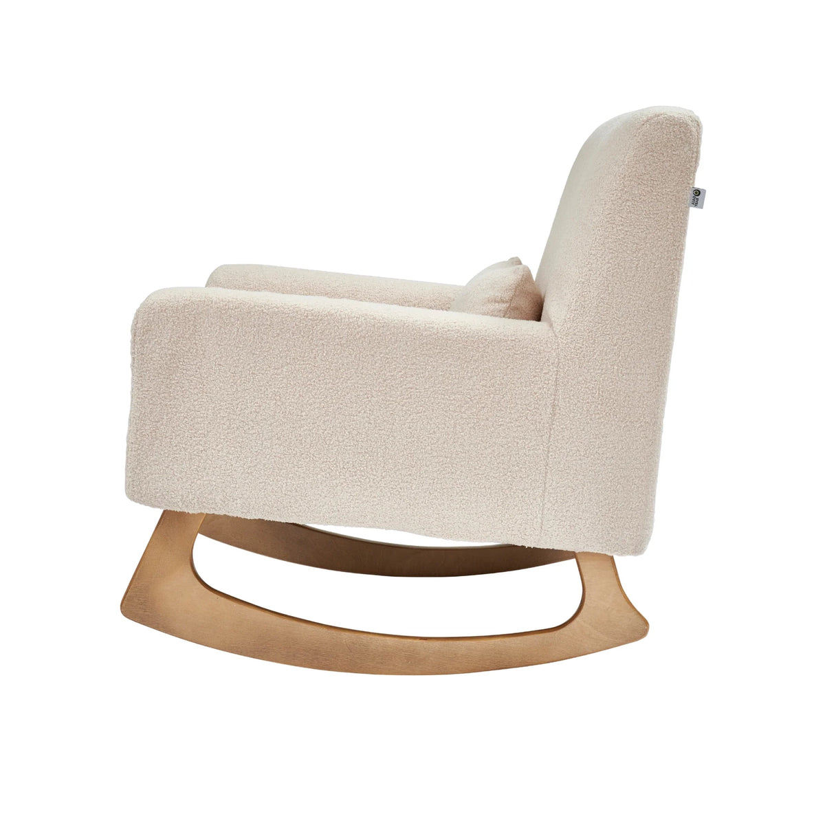 Gaia Baby Serena rocking chair with biscuit boucle fabric and padded armrests, designed for comfort and nursing.