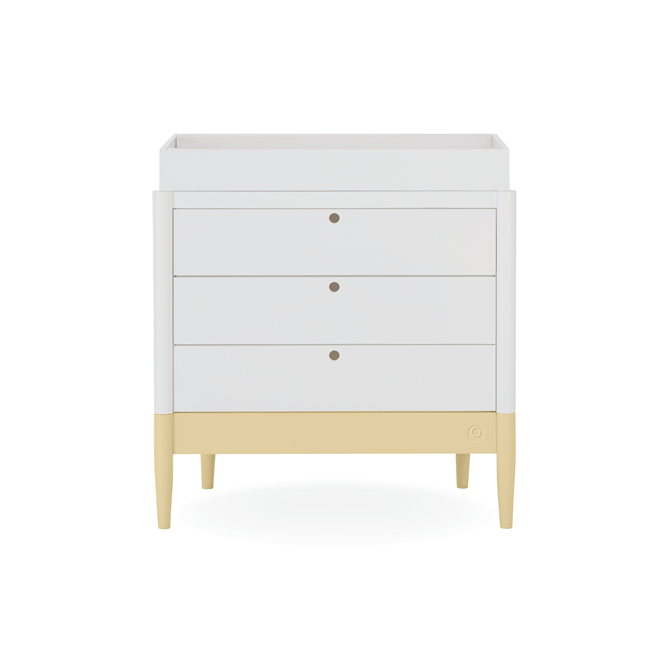 White Gaia Baby Eos dresser with Primrose Yellow accents, featuring a sturdy wooden frame and spacious drawers for baby nursery storage.