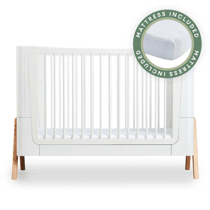 Hera Cot Bed - Scandi White | Natural with included Mattress - Gaia Baby