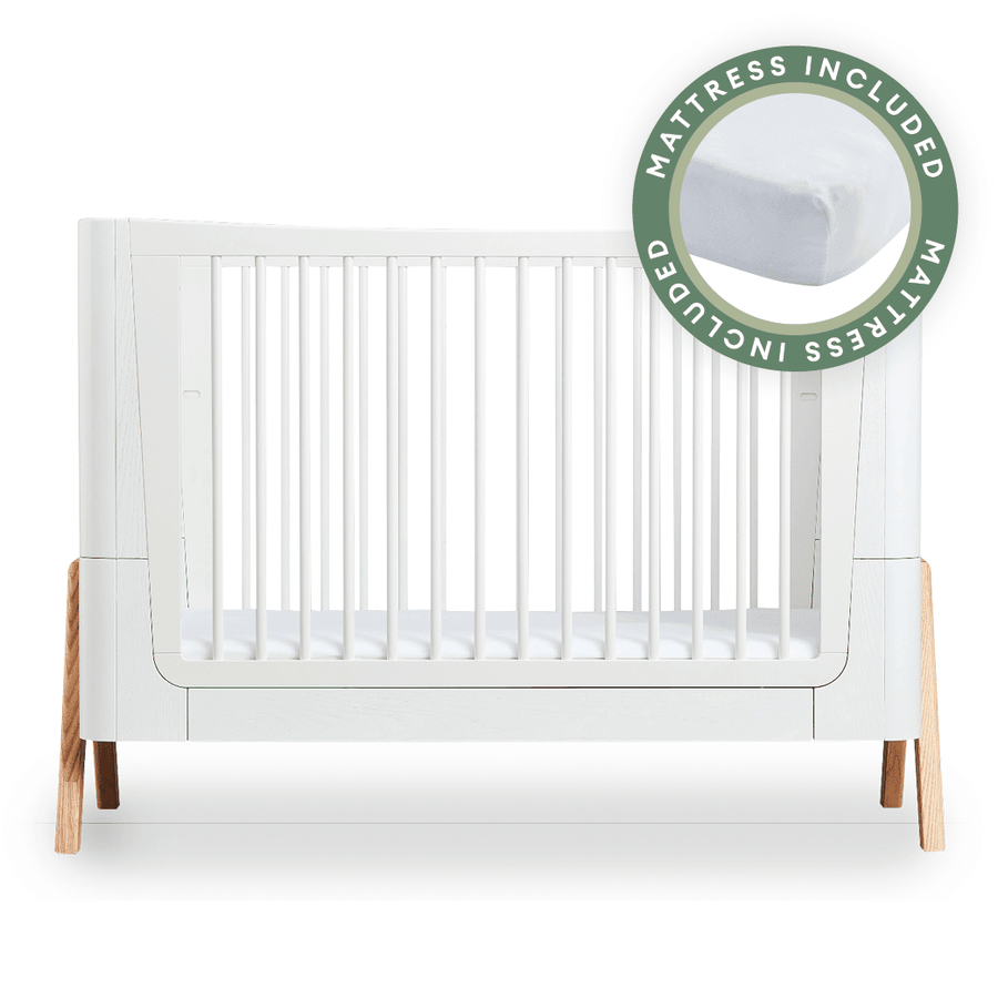 Hera Cot Bed - Scandi White | Natural with included Mattress - Gaia Baby