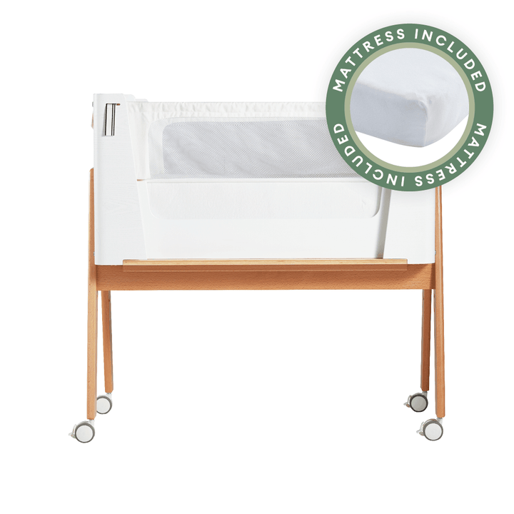 Hera Bedside Bassinet - Scandi White | Natural with included Mattress - Gaia Baby