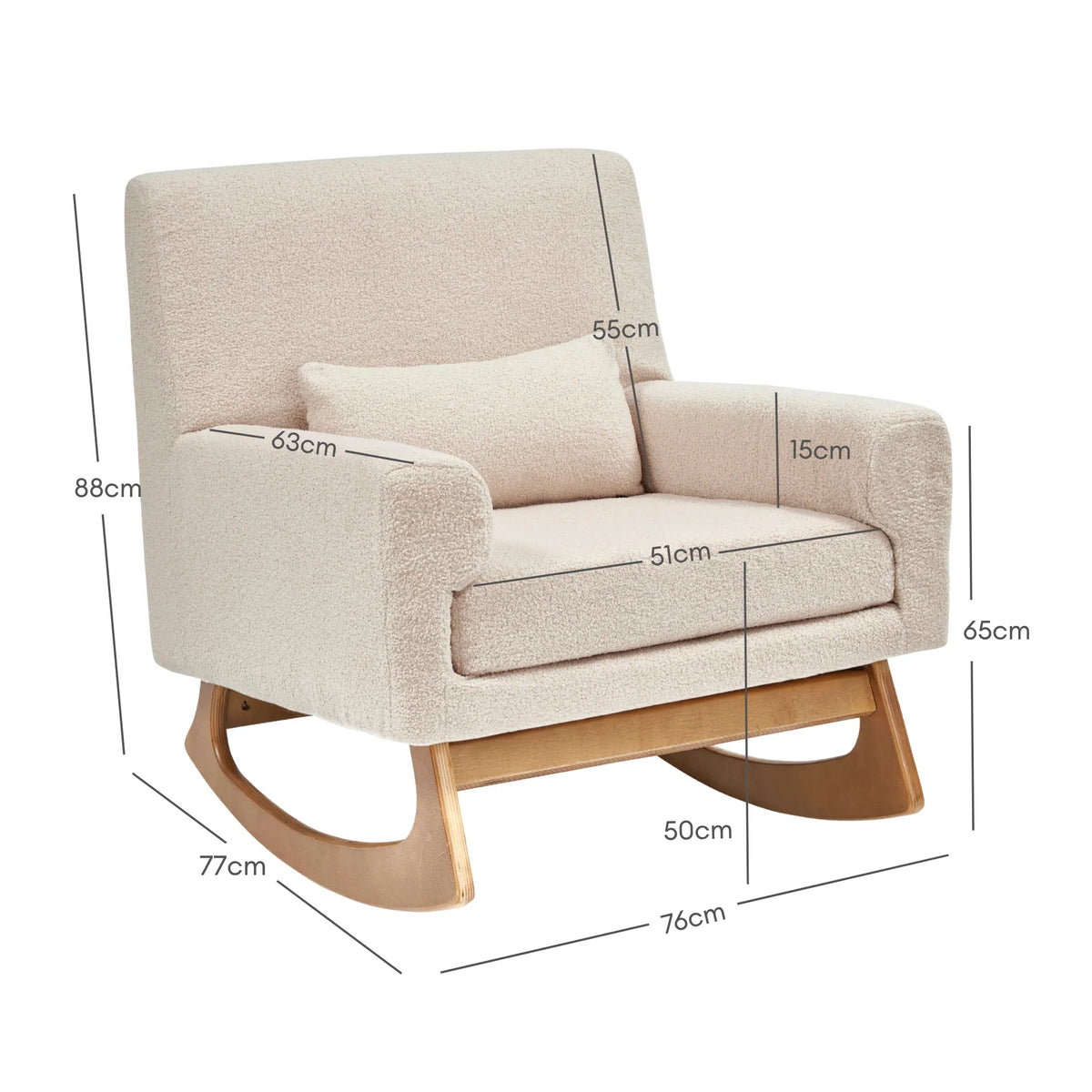 Gaia Baby Serena rocking chair in Biscuit Bouclé with dimensions: 88 cm high, 76 cm wide, 77 cm deep