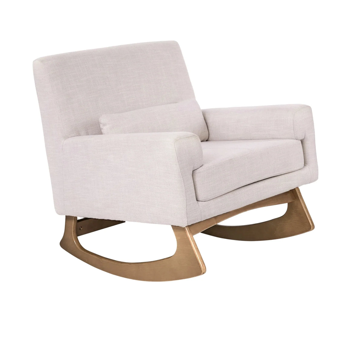 Gaia Baby Serena rocking chair in oat fabric with oak legs, designed for nursing and relaxation, showcasing a comfortable, stylish seat.