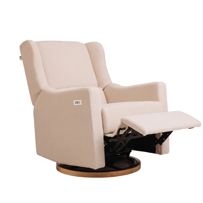 Gaia Baby Lyra Electric Recliner Nursing Chair in Biscuit Bouclé, reclined with footrest raised