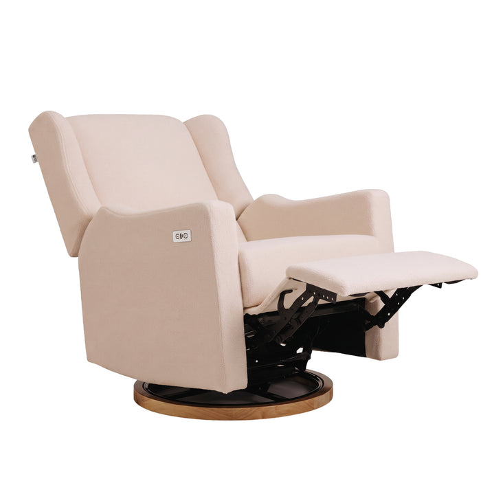 Gaia Baby Lyra Electric Recliner Nursing Chair in Biscuit Bouclé, deep recline