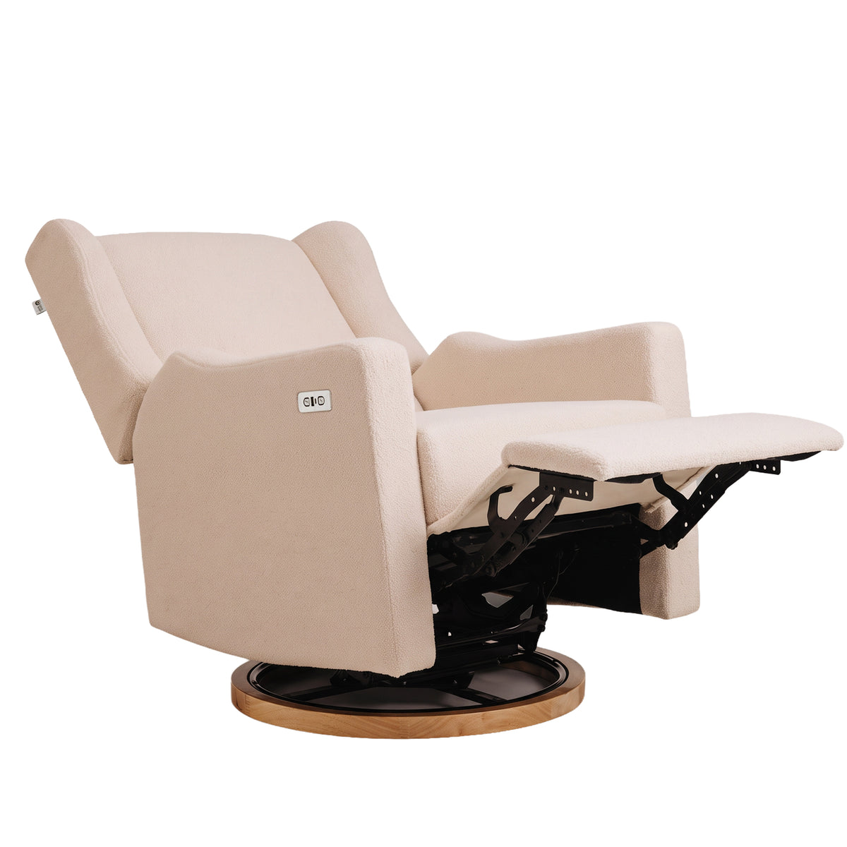 Gaia Baby Lyra Electric Recliner Nursing Chair in Biscuit Bouclé, fully reclined