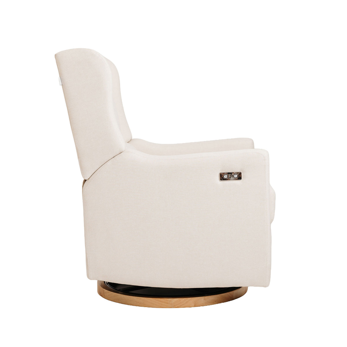 Gaia Baby Lyra nursing chair in Oat, side view showing the curved wing headrest.