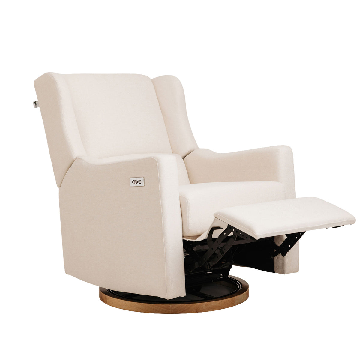 Gaia Baby Lyra electric recliner in Oat, partly reclined with footrest rising.