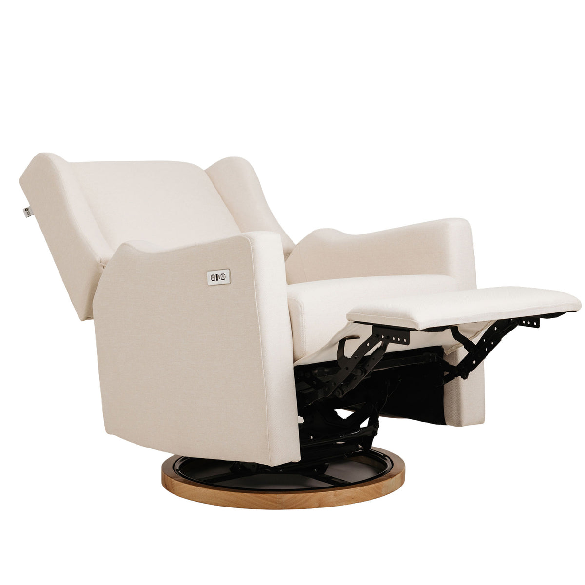 Gaia Baby Lyra electric recliner in Oat, fully reclined with footrest raised.