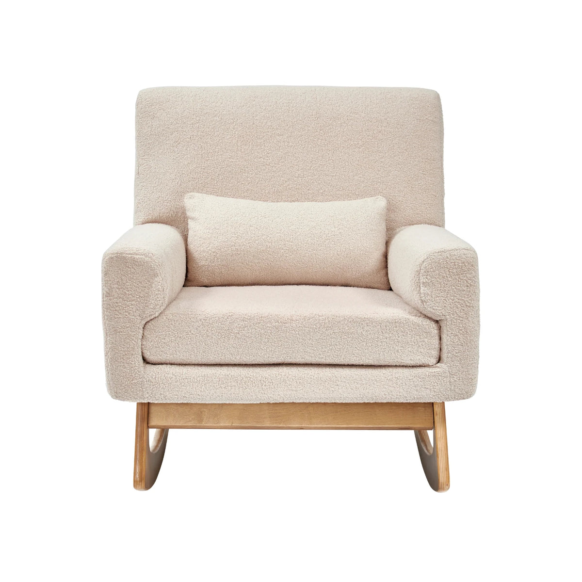 Gaia Baby Serena rocking chair with extra-wide seat in biscuit boucle fabric, ideal for nursing and relaxing.