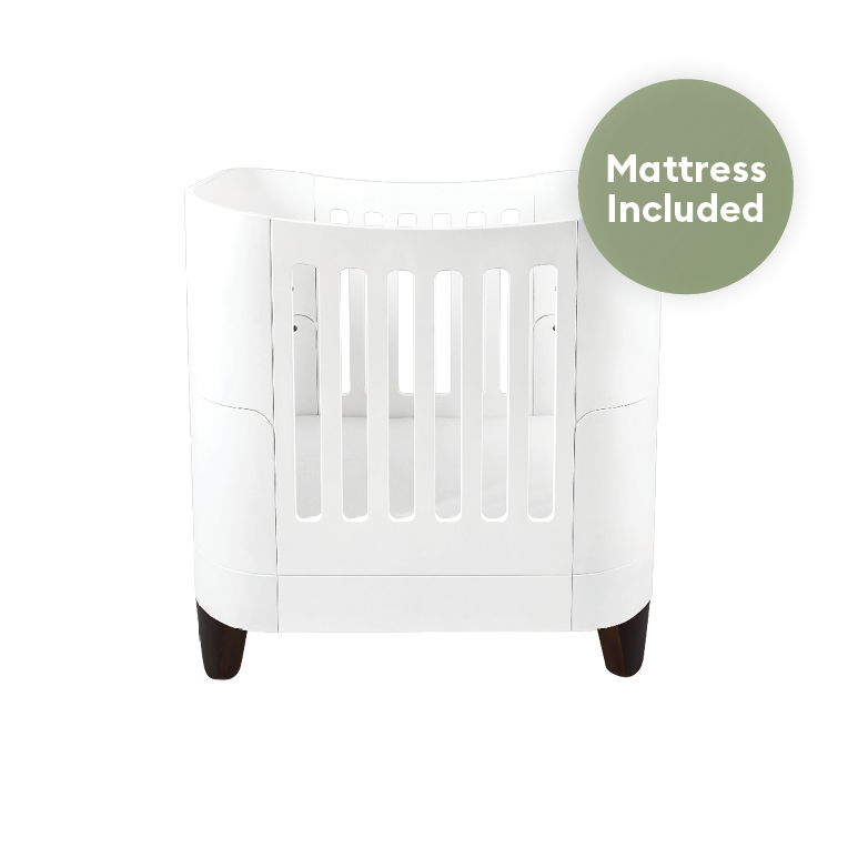 Serena Mini Cot - White | Walnut with included Mattress