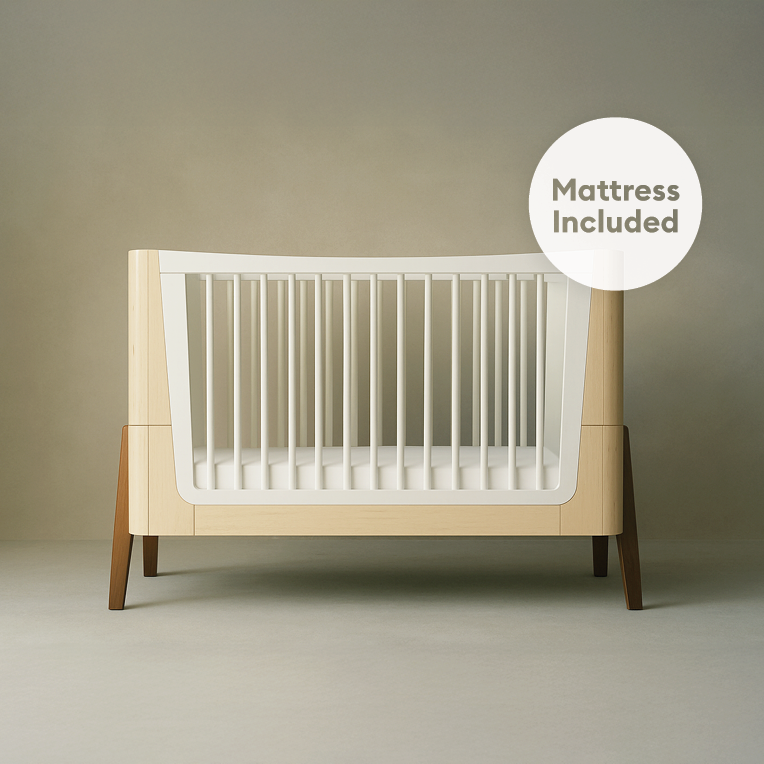 Gaia Baby Hera Cot Bed in natural ash and walnut finish with included mattress, showcasing a modern, sturdy baby crib design.