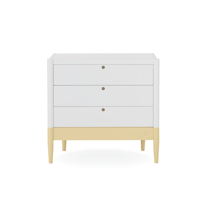 Light-colored Gaia Baby Eos dresser with white frame and Primrose Yellow accents, featuring multiple storage drawers.