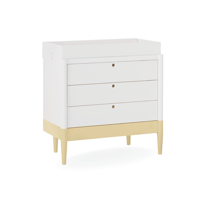 White Gaia Baby Eos Dresser with Primrose Yellow accents, featuring multiple drawers and a modern design for nursery storage.