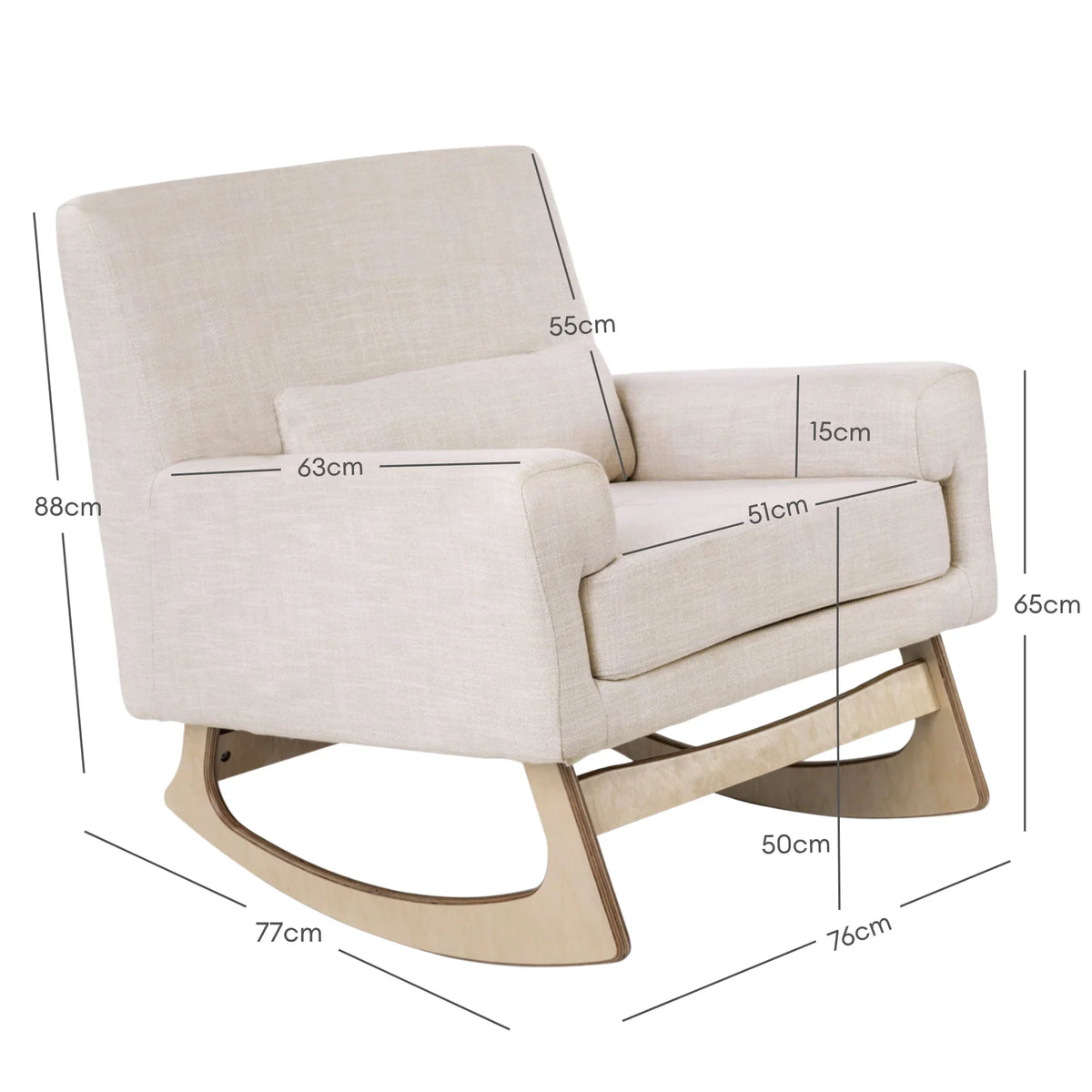 Gaia Baby Serena rocking chair in Oat with dimensions: 88 cm high, 76 cm wide, 77 cm deep