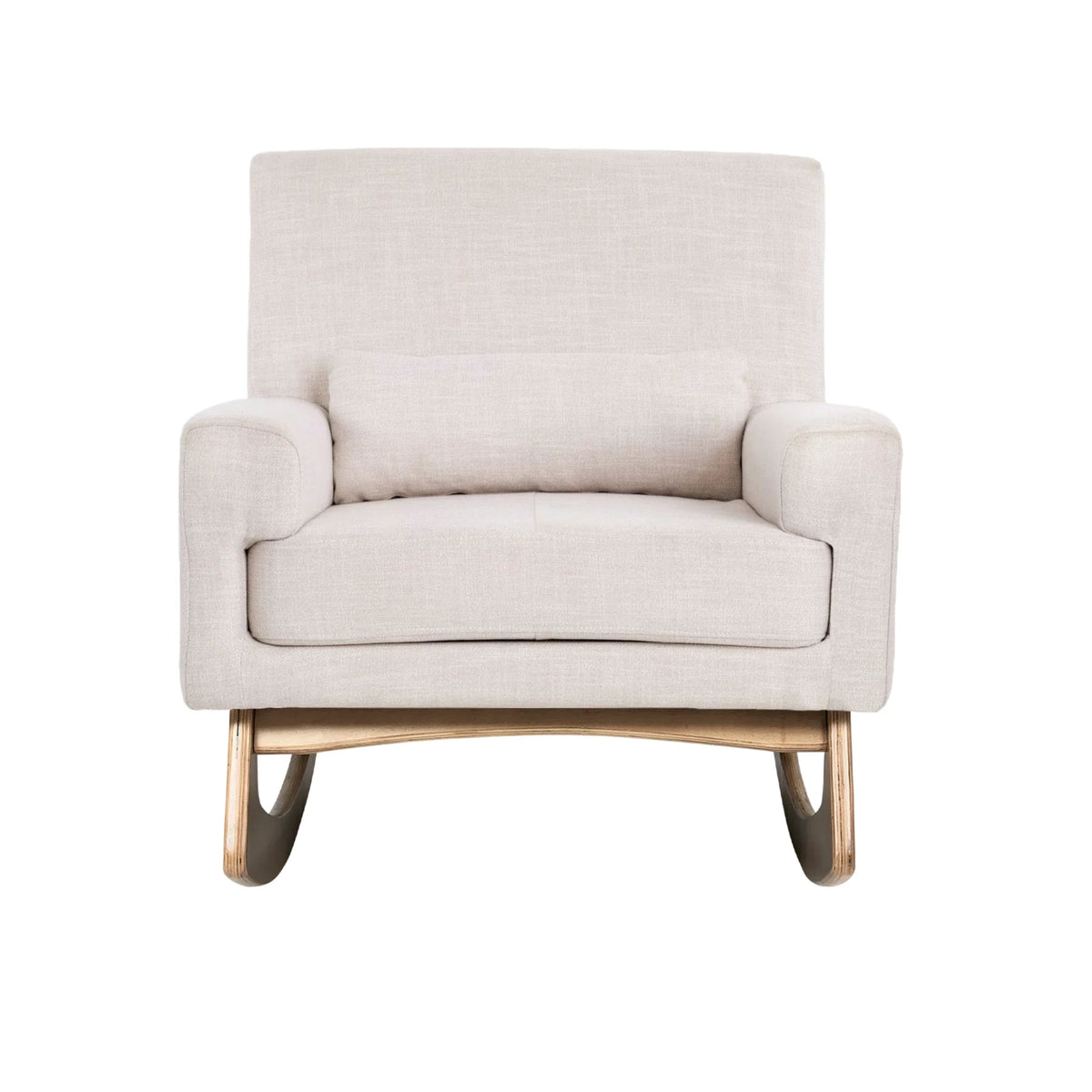 Gaia Baby Serena rocking chair in oat fabric with oak legs, ideal for nursing and relaxing.