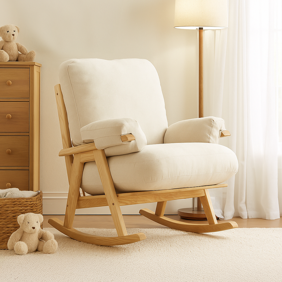 Gaia Baby Hera rocking chair in barley color, natural wood finish, with cushioned seat and backrest, ideal for nursing and relaxation.