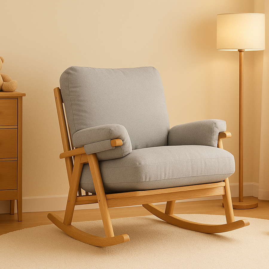 Gaia Baby Hera Rocking Chair in Dusk finish, natural wood with cushioned seat and backrest, ideal for nursing and relaxing.