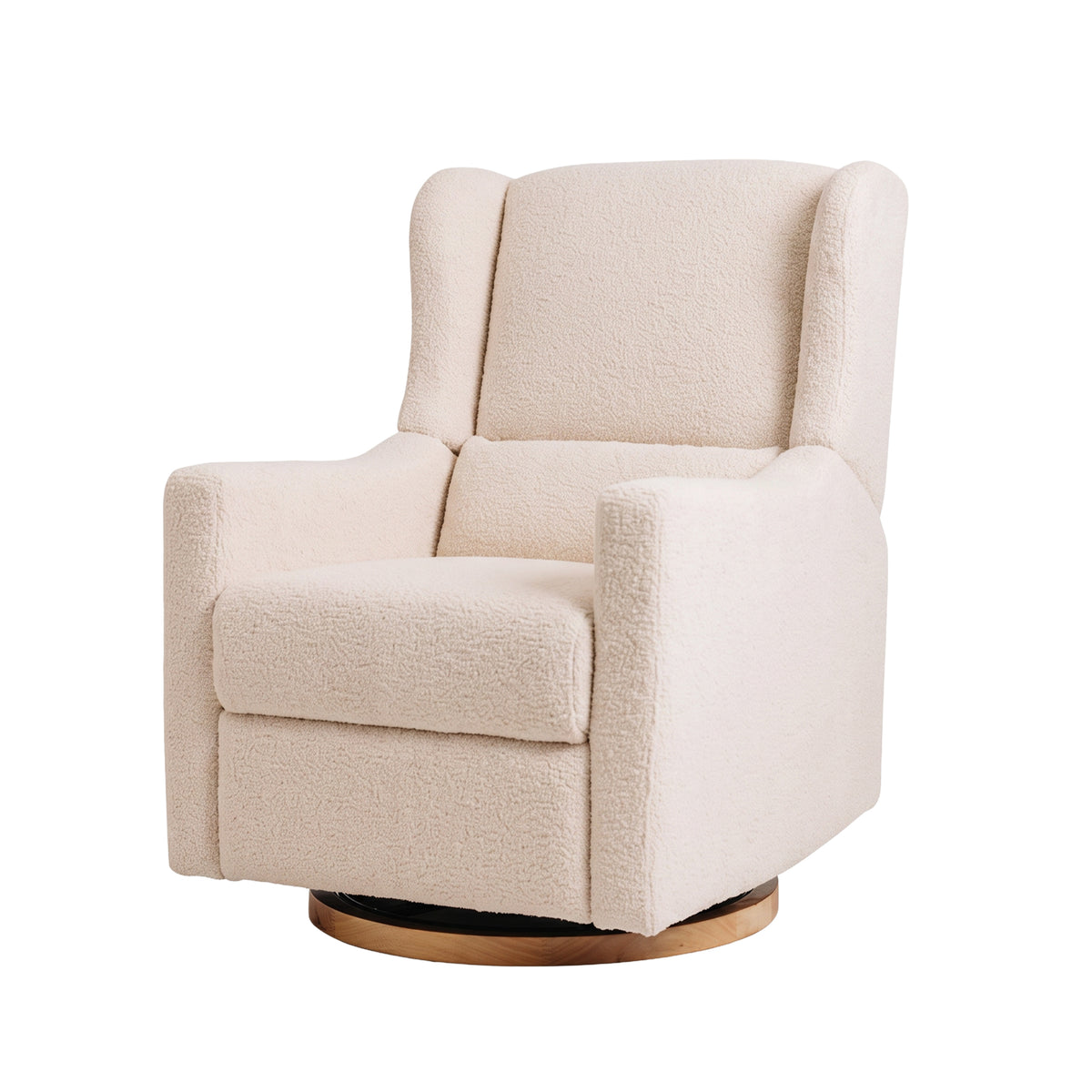 Gaia Baby Lyra Electric Recliner Nursing Chair in Biscuit Bouclé, left three-quarter view