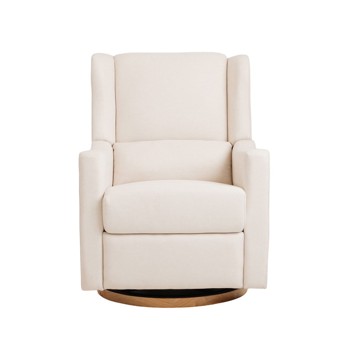 Gaia Baby Lyra Electric Recliner Nursing Chair in Oat, front view on a real wood swivel base.