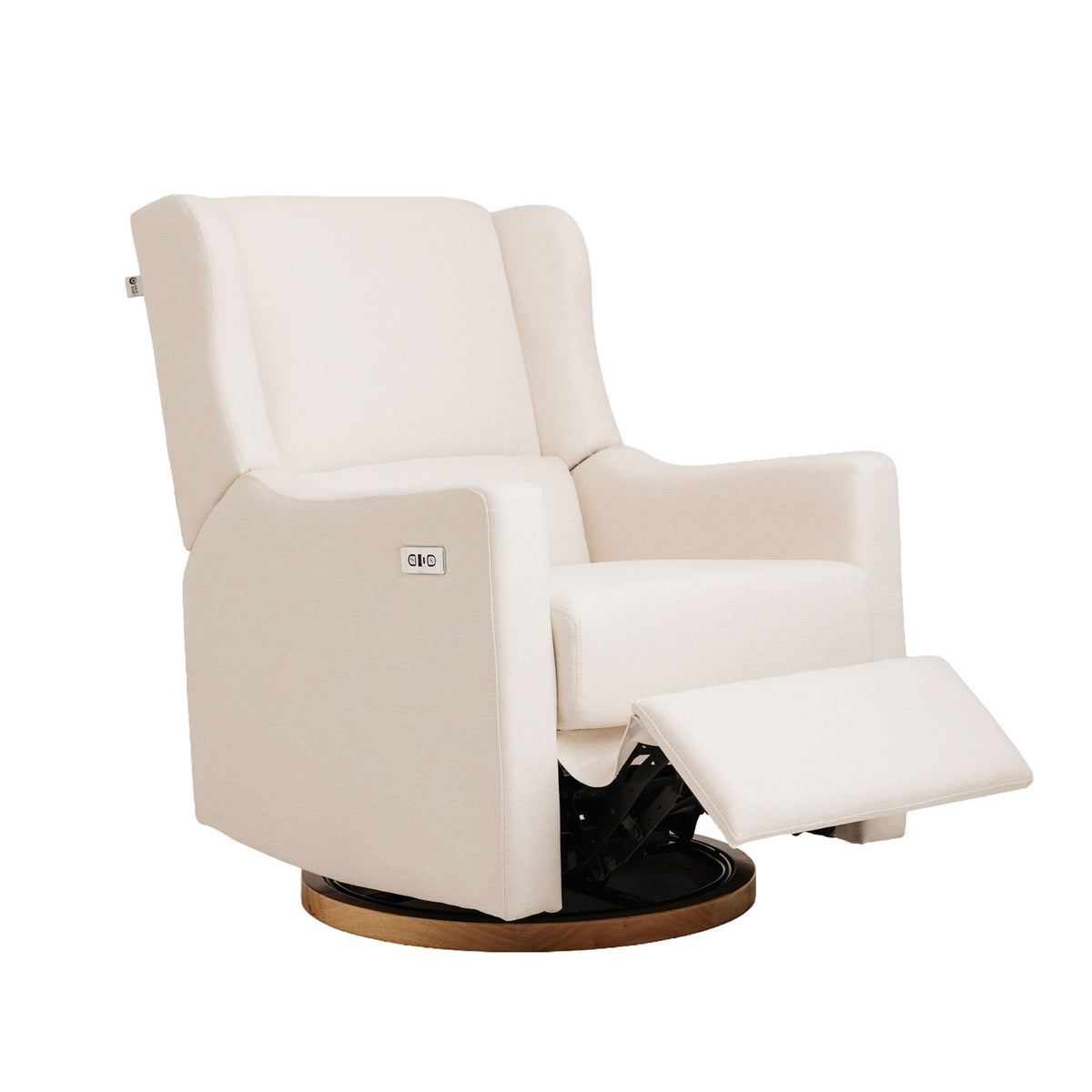 Gaia Baby Lyra electric recliner in Oat, starting to recline.
