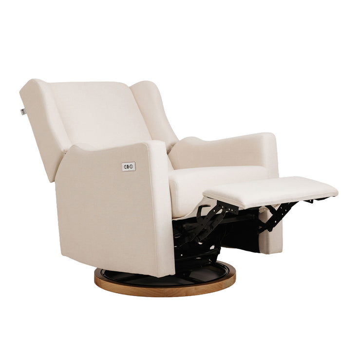 Gaia Baby Lyra electric recliner in Oat, reclined further.