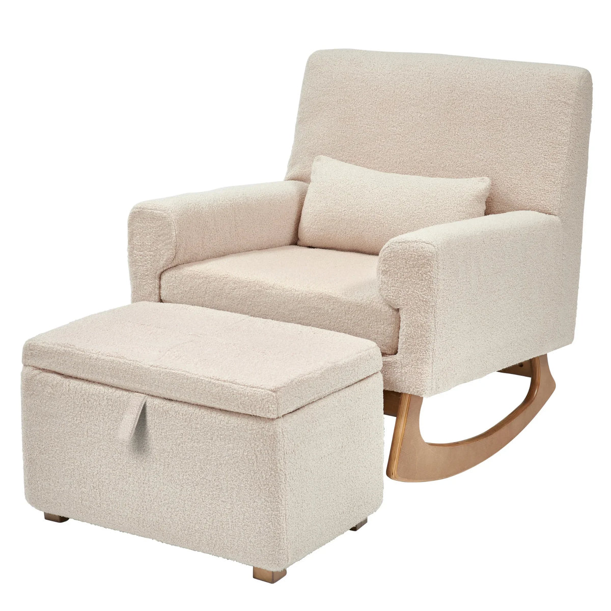 Serena Biscuit Boucle footstool by Gaia Baby, designed to match rocking and nursing chairs, with a soft textured fabric and oak legs.