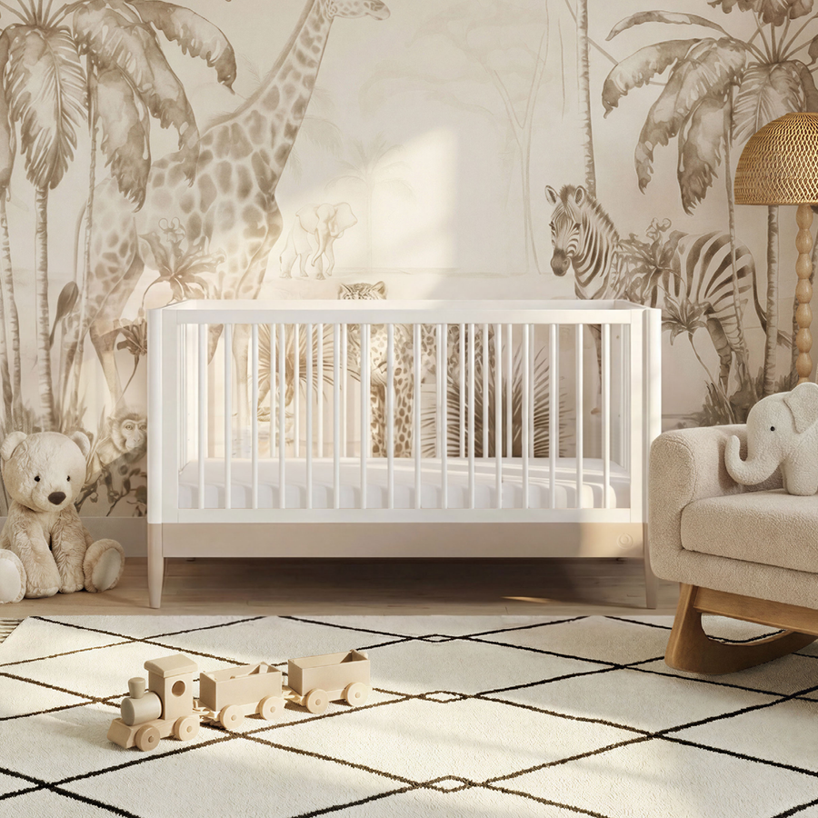 Gaia Baby Eos Cot Bed in white with cashmere fabric, featuring a sturdy wooden frame and a classic, versatile design for nurseries.