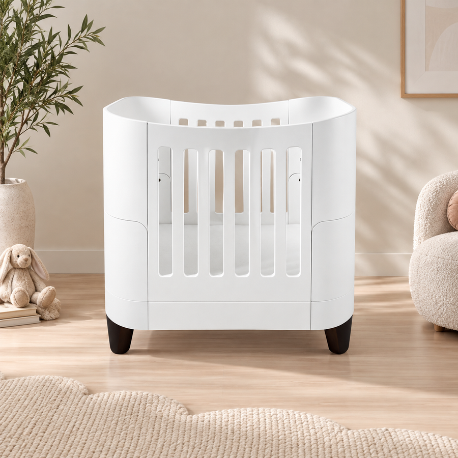 Serena Mini Cot - White | Walnut with included Mattress